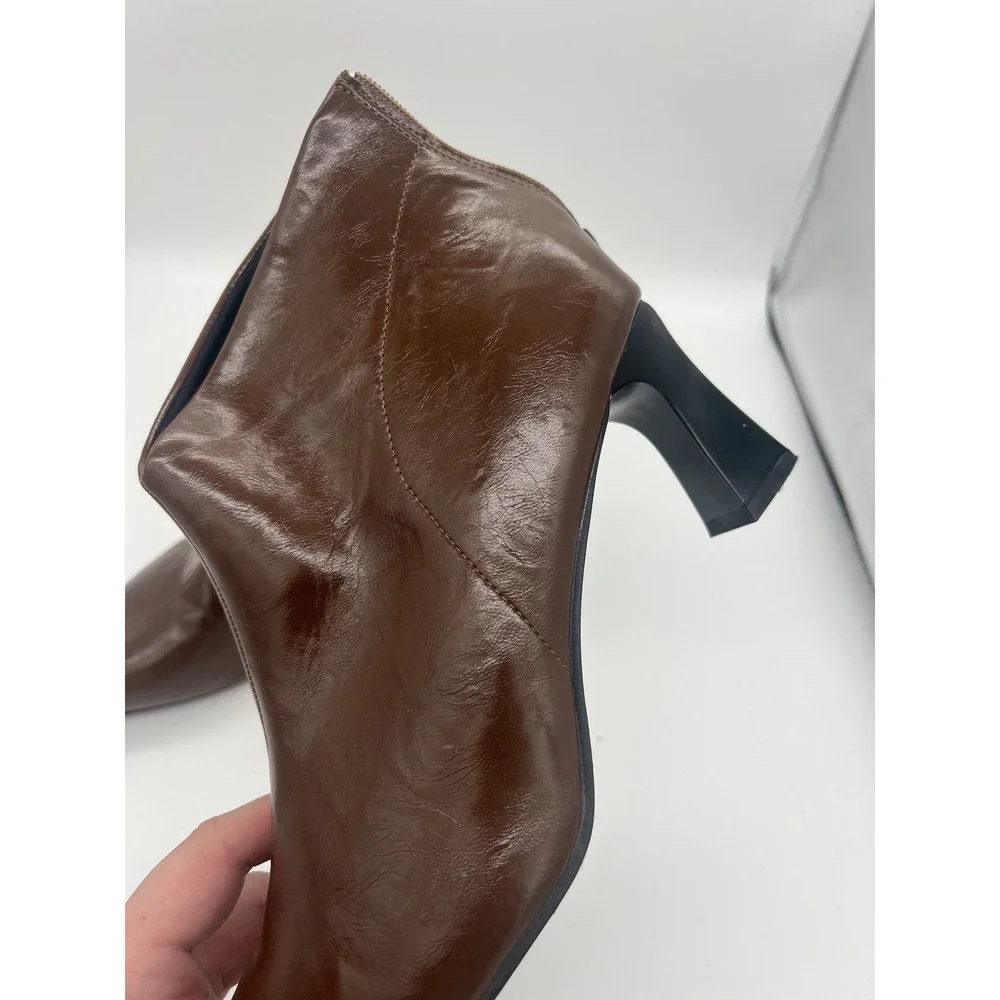 Women's Brown Faux Leather Pointed Toe Ankle Boots Block Heel Booties Size EU 43